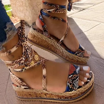 Yaz Kadın Yılan Sandalet Platformu Topuklu Çapraz Kayış Ayak Bileği Dantel Peep Toe Plaj Partisi Bayan Ayakkabıları Yeni kadın Sandalet 2023