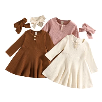 Toddler Bebek Kız Örme Elbise Nervürlü Düz Renk Uzun Kollu Elbise Sonbahar Kış Yuvarlak Boyun Elbise Kafa Bandı ile 6M-4T