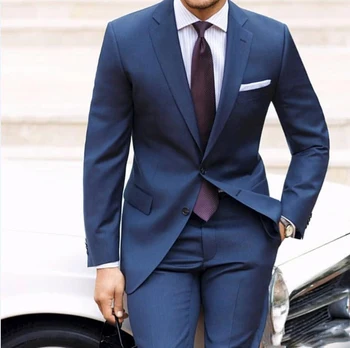 Mavi Erkek Takım Elbise Çentikli Yaka İki Düğme Düğün Smokin Slim Fit Resmi Porm Takım Elbise Adam İçin Üç Adet Ceket + Pantolon + Yelek