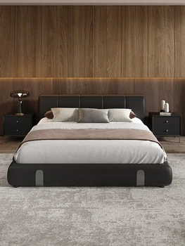 Minimalist inek derisi çift kişilik yatak, modern ve minimalist ana yatak odası küçük birim deri yatak