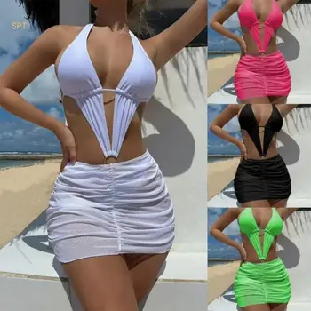 3 Parça Bayan Mayolar Dize Bikini Halter Tanga Bikini Setleri Sarongs Etek Derin V Boyun Simming Kostümleri 714F