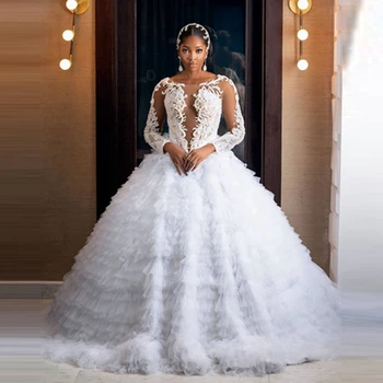 Seksi Derin V Boyun Boncuklu Tül Düğün balo elbisesi Illusion Ruffles Katmanlı Uzun Afrika gelin elbiseleri Charm düğün elbisesi Aso Ebi