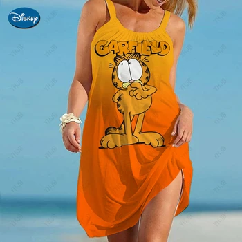 Garfield Baskı Kadın Elbise Vintage Kadın Plaj Elbise Sling Midi Kolsuz Elbiseler Boho zarif Kız Streetwear gece elbisesi