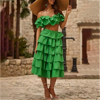 Straplez Fırfır Yeşil İki Parçalı Mayo 2023 Düz Renk Bikini Ve Plaj Elbise kadın Tatil Lüks Mayo Beachwear