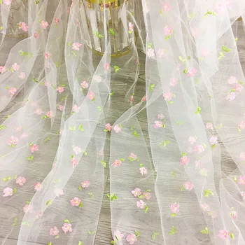 Küçük Pembe Çiçek İşlemeli Tül Yumuşak örgü kumaş Kızlar İçin Prenses Elbise El Yapımı DİY Giyim dekorasyon kumaşı
