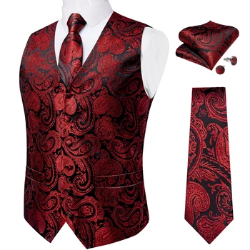 Lüks Kırmızı İpek Paisley Takım Elbise Yelek Erkekler için Düğün Parti Yelek Kravat Mendil Kol Düğmeleri Smokin Erkek Blazer DiBanGu