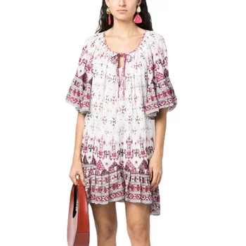 Kadın Mini Elbise Geometrik Desen Baskı Dantel-up Pilili Gevşek Bohemian Yaz Düzensiz Kısa Elbise