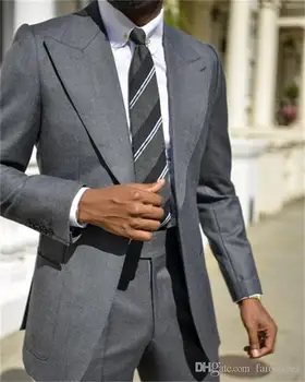 Koyu Gri Bir Düğme Erkek Takım Elbise Akşam Parti Giyim 2 Parça Resmi Amaçlar Doruğa Yaka Ceket + Pantolon Ceket Düğün Smokin Damat