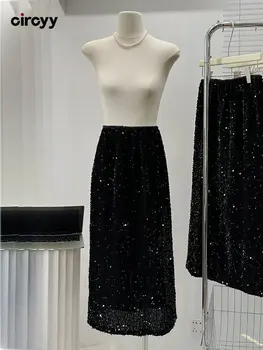 Circyy Uzun Etek Kadınlar için Sequins Y2k Etekler Elastik Bel Siyah Astar ile A-Line Akşam Parti Parlak Moda Düz 2023