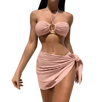 3 Adet Lace Up Bikini Mayo ve plaj elbisesi Seksi Mayo Kadınlar 2024 Mayo Yüzme mayo Kadın Yaz Beachwear