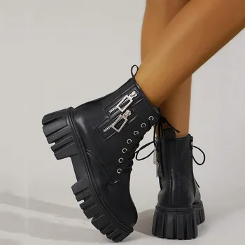 Yüksek Topuklu Çizmeler Kadın yüksek kaliteli ayakkabılar Siyah Deri yarım çizmeler serseri ayakkabı Kalın Alt Motosiklet Çizme Lace Up Zip Bayanlar