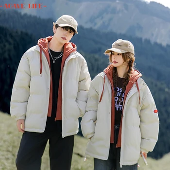 Sonbahar Kış Çift Pamuk dolgulu ceketler Erkekler Kadınlar Sahte İki Kapşonlu Moda Sokak Kalınlaşmak Sıcak Pamuk Yastıklı Mont Erkek Parkas