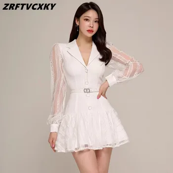 Mizaç Kadın İnce A-Line Mini Elbiseler Sonbahar Kore Zarif Moda Patchwork Dantel Uzun Kollu Ofis Parti rahat elbise
