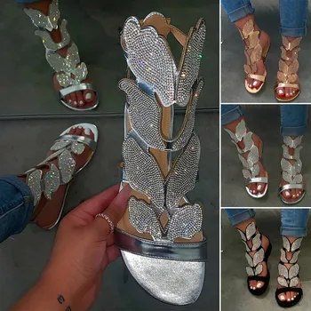 40 # Yaz kadın Sandalet Rahat Kristal Düz Sandalet Kadınlar İçin Burnu açık Taklidi Sandalet Düşük Topuk Ayakkabı Kadın Terlik