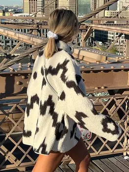 Moda Baskılı Kuzu Yün Ceket Kadın Gevşek Standı Yaka Uzun Kollu sıcak tutan kaban Kadın Büyük Boy Sonbahar Rahat Bayan Giyim