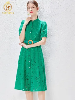 SMTHMA kadın Yaz Pist Tasarımcısı Vintage Dantel Elbise Bayanlar Nakış O-boyun kısa kollu parti elbisesi Vestidos Kemer İle