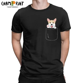 Corgi Cep T-Shirt Erkekler Köpek Hayvan Vintage Saf Pamuk Tee Gömlek Yuvarlak Yaka Kısa Kollu T Gömlek Baskılı Giyim