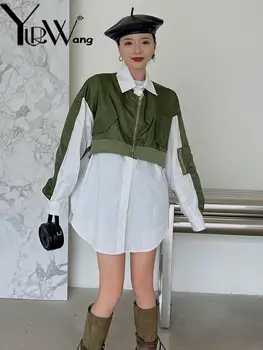 yuerwang Kadın Ceket 2023 Sonbahar Renk Eşleştirme Sahte İki Bayan Ceket Retro Tüm Maç Gevşek Rahat Uzun Kadın Üstleri Moda Yeni