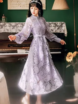 2022 Yaz Mor Dantel Uzun Kadın Elbise Maxi Vintage Stand-boyun A-line Orta buzağı Akşam Parti uzun Kollu Elbise Zarif