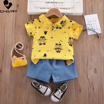 Erkek Yaz Giyim Takım Elbise Yeni 2023 Erkek Bebek Kısa Kollu Yaka Karikatür Penguen POLO GÖMLEK Kot Şort Çocuk Giyim Setleri