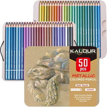 KALOUR 50 Adet Metalik Renkli Kalemler Yetişkin Çocuklar için, Yumuşak Çekirdekli Canlı Renk, Çizim için İdeal Karıştırma Eskiz