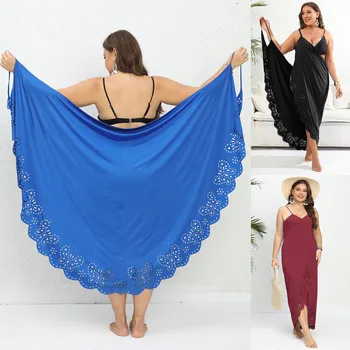 DIY Şişman Kadın Elbiseler Tüm Fırfır yaz elbisesi Büyük Boy Çözgü Mayo Cover Up Katı Mavi Plaj Kıyafetleri Kadın Büyük 4XL