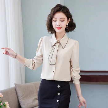 KRCVES Kore Yaka Şerit Şifon Gömlek Kadın Uzun Kollu 2023 Yeni Bahar Sonbahar Moda Yaş Azaltıcı Bluz Çok Yönlü Üst