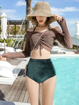 Yeni mayo kadın bölünmüş üçgen küçük göğüs toplanan çelik destek seksi uzun kollu kaplıca mayo bikini Ücretsiz kargo