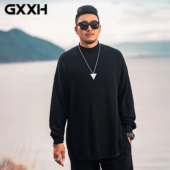 GXXH Artı Boyutu Erkekler Kazaklar Moda Hem Yarık Pamuk Kazak Rahat Gevşek Örme Sonbahar / Kış Büyük Boy Dip Üstleri XXL-7XL
