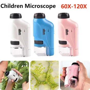 60X-120X Mini Cep Mikroskop Kiti Lab El Mikroskop led ışık Çocuklar Bilim Mikroskoplar Akülü Açık Oyuncak