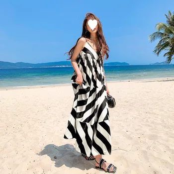 2023 Yaz Sahil Tatil Plaj Elbise Kadın V Yaka Kolsuz Backless Çizgili Gevşek Rahat uzun elbise Kadın Zarif Elbise