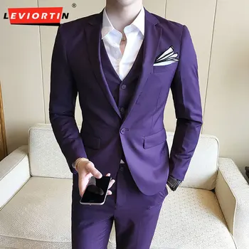 (Takım Elbise+Yelek+Pantolon) 2023 Yeni High end Marka Resmi İş Erkek Seti Üç parçalı Damat düğün elbisesi Tailcoat Düz Renk Seti