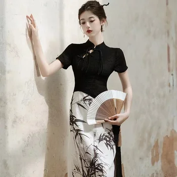 Çin Tarzı Geliştirilmiş Hanfu Mürekkep Boyama Baskı Midi Elbise S-L Boyutu Kadın Retro Stand-up Yaka Slim Fit Elbise