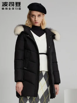 BOSIDENG Yeni Moda orta uzunlukta tilki kürk yaka gevşek aşağı ceket banliyö ceket kadınlar için B90141070