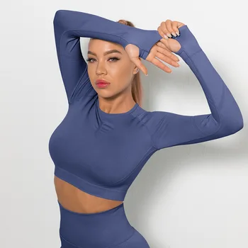 Yoga Üst Katı Uzun kollu spor forma Spor Spor T-shirt Yoga Giyim kadın Kırpma Üstleri Spor Giyim Egzersiz Kadınlar için Tops