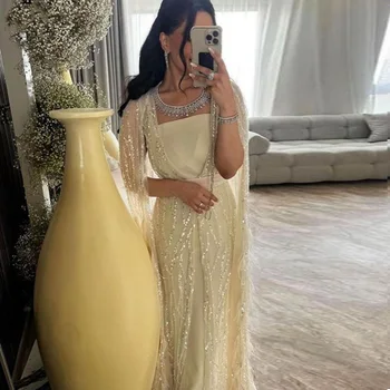 Sharon Dedi Lüks Dubai Tüyleri Açık Sarı Gece Elbisesi 2023 Pelerin Kollu Arapça Mor Kadınlar Düğün Parti Elbisesi SS420