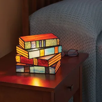 Yaratıcı vitray yığılmış kitaplar lamba masaüstü reçine dekorasyon ışık komodin klasik süs ev eve taşınma hediye