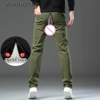İlkbahar Sonbahar Yeni erkek İnce Streç Kot Çift Fermuarlı Açık Kasık Pantolon Kostüm Yumuşak Crotchless Erkek Marka Pantolon Elbise