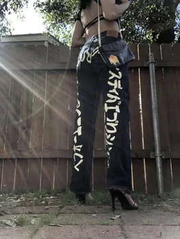Streetwear Y2k Kot Bayan Vintage Hip Hop Baskı Şalvar Kot Siyah Pantolon Yeni Harajuku Moda Yüksek Belli Gotik Geniş Pantolon