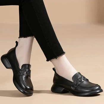 Kadınlar İçin ayakkabı İnek Deri Kuruş Ayakkabı Loafer'lar Yeni 2023 Moda Ofis Siyah Yuvarlak kaymaz Taban Daireler Kadın El Yapımı