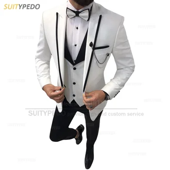 Moda Beyaz Takım Elbise Erkekler için 3 Adet Resmi İş Blazer Yelek pantolon seti Slim Fit Düğün Erkekler Smokin günlük ceketler Erkekler için