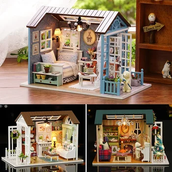 Mini Dollhouse kendin yap minyatür bebek oyuncak evi Modeli Dollhouse Mobilya Amerikan Retro Tarzı Ahşap Ev El Yapımı Oyuncak Orman Kez yazlık