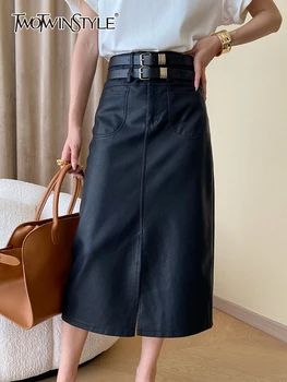 TWOTWINSTYLE Deri Bölünmüş Etekler Kadınlar Için Yüksek Bel Patchwork Kemerler Vintage Minimalist Etek Kadın Moda Stil Giyim Yeni