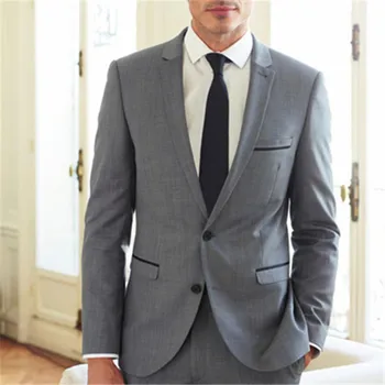 Özel Yapılmış 2020 Gri Küçük Yaka Erkek Takım Elbise Smokin Masculino 2 Adet (Ceket+Pantolon+Kravat) erkek Düğün Blazer İş Günlük Giyim